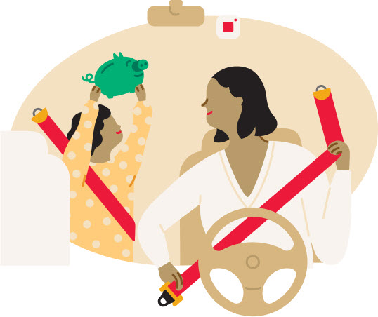 Caricatura que representa a una mamá abrochándose el cinturón de seguridad mientras su hija, asegurada en el asiento trasero, sacude el dinero que aún está en su alcancía verde.
