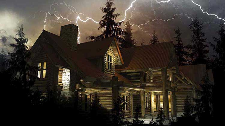 Una cabaña en medio de una tormenta de rayos