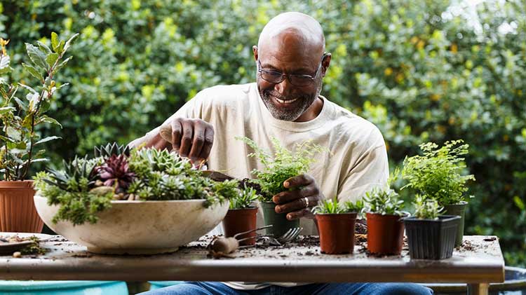 Un caballero haciendo jardinería y disfrutando de su jubilación.