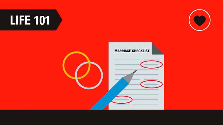 Infografía que incluye una lista de comprobación para antes y después del matrimonio, incluyendo seguros, consejos financieros y otros asuntos relacionados.