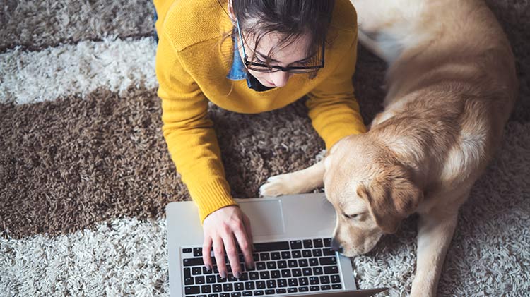 Una mujer configurando con su perro una cuenta bancaria para gastos de mascotas