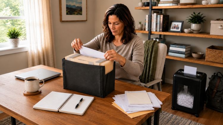 Mujer organizando archivos, decidiendo cuánto tiempo conservar documentos antes de triturarlos.