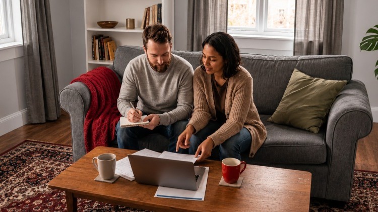 Pareja sentada en un sofá usa una computadora portátil para comparar planes de seguro de salud.