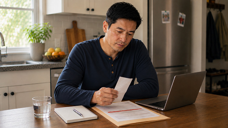 Sentado a la mesa de la cocina, un propietario de vivienda revisa sus documentos de seguro y un recibo; frente a él, hay una computadora portátil y un cuaderno; a su derecha, un vaso de agua.