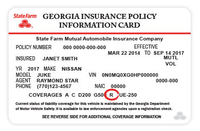 Example insurance card highlighting rental coverage