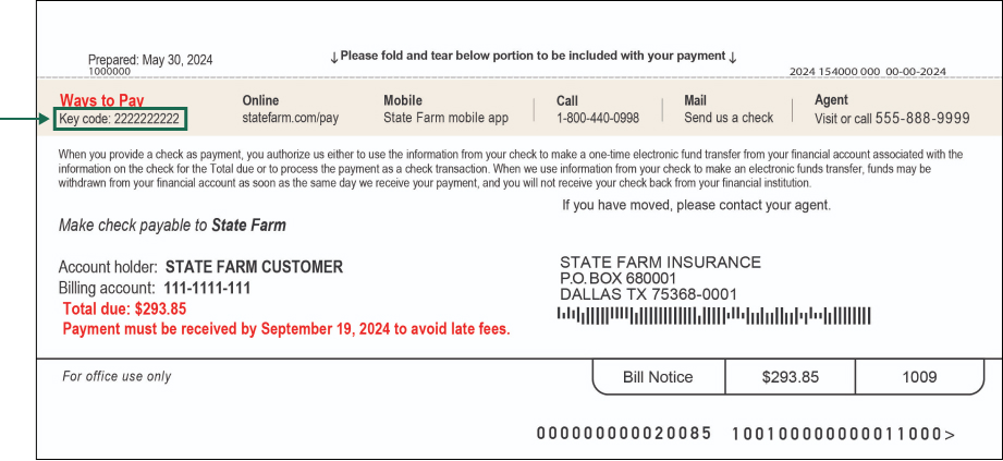 Muestra del código clave en una factura de State Farm