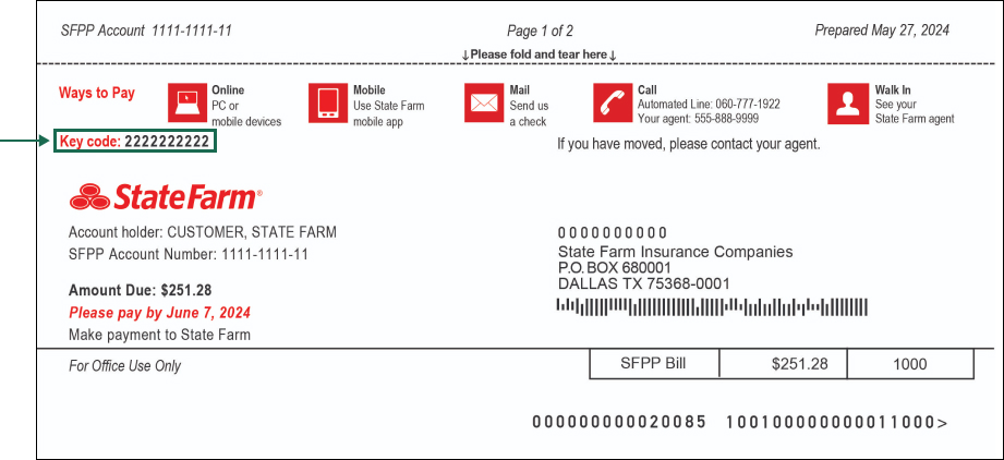 Una muestra de código clave que se encuentra en una factura de plan de pago de State Farm