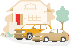 Ilustración de una casa con dos carros en la entrada.